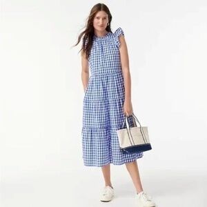 NWOT J.Crew Tiered Ruffle Sleeve Blue White Gingham Poplin Midi Dress Size SMALL